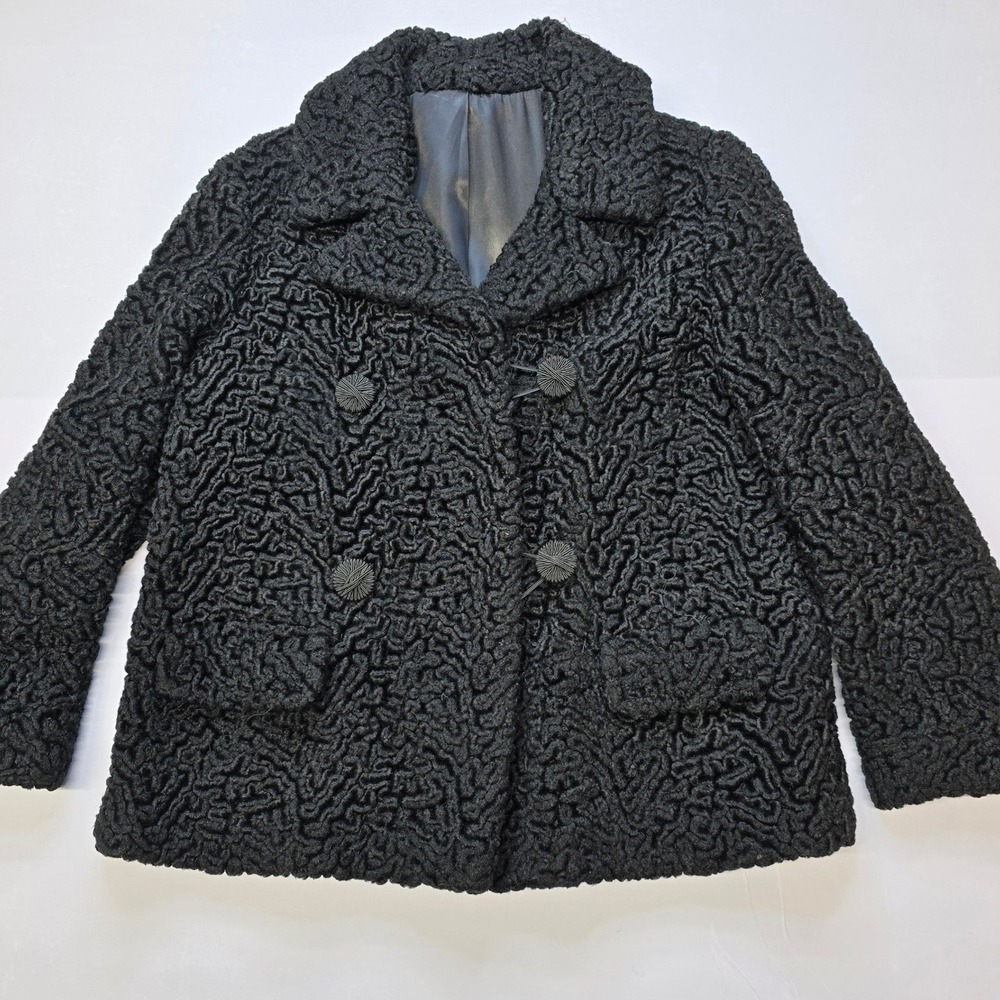 Vintage ILGWU Black Faux‎ Persian Lamb Fur Astrakhan Curly Coat Jacket Womens